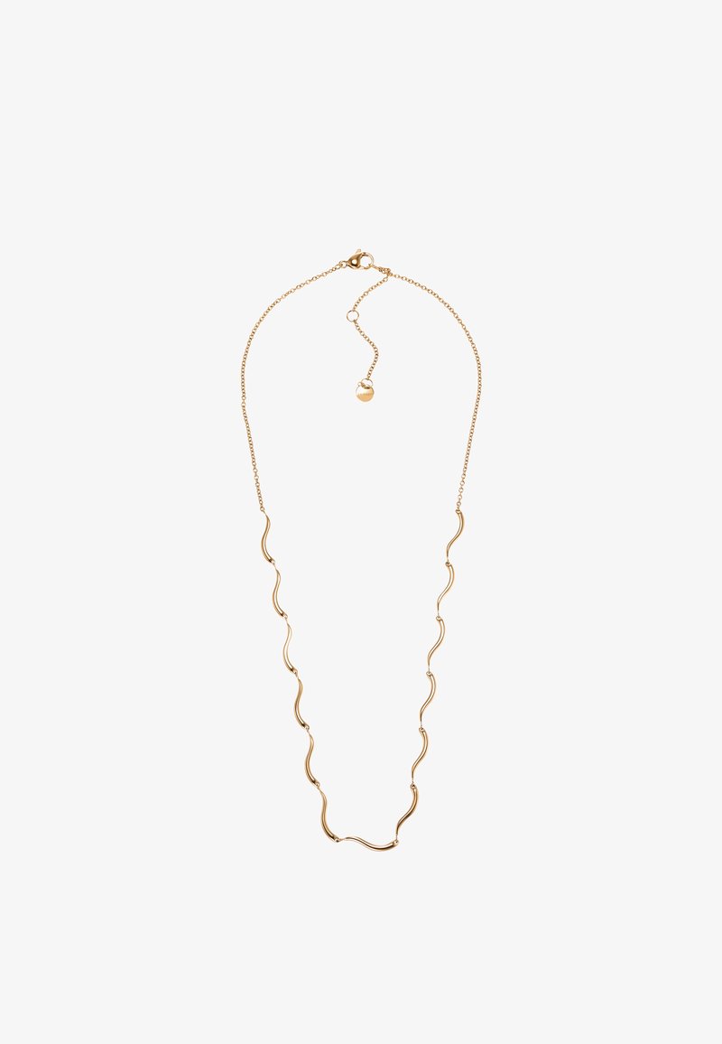 Delicate gouden ketting met een karabijnsluiting, met golvende staafsegmenten gelijkmatig verdeeld over de onderste helft.