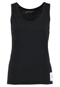 Débardeur noir en tissu doux et léger. Doté d'un col rond et d'une petite étiquette logo en bas à droite.