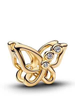 Anello d'oro a forma di farfalla con tre piccoli diamanti incastonati su un'ala, esposto su uno sfondo bianco.