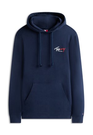 Marineblå hettegenser med frontlomme, snorer og liten "Tommy Jeans" logo i hvitt og rødt på brystet.