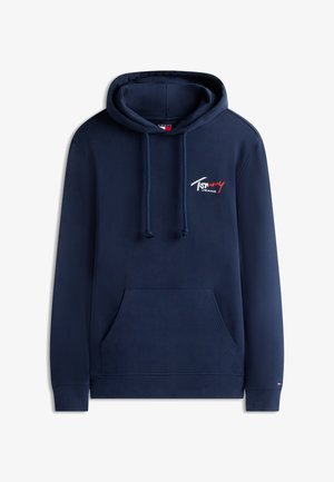 Sweat à capuche bleu marine avec poche avant, cordons de serrage, et petit logo "Tommy Jeans" en blanc et rouge sur la poitrine.