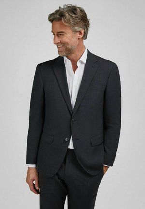 Mann mit grauem Haar und Bart, der einen maßgeschneiderten schwarzen Anzug und ein weißes Hemd trägt, zur Seite schaut und vor einem schlichten Hintergrund lächelt.