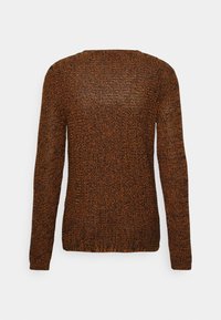 Pull à manches longues en tricot orange foncé et noir, avec un col rond et des bordures côtelées. La vue arrière met en valeur le motif en tricot.