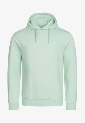 Svijetlo zeleni dukserica od mekog materijala, s prednjim kengur pocketom, kapuljačom s uzicom i rebrastim manžetama i rubom. Suptilan logotip.