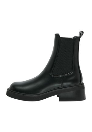 Black leather Chelsea ankle boot with elastic side panels, pull tab at the heel, and low stacked heel.