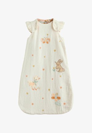 Cremefarbener Babyschlafsack mit Flügelärmeln, verziert mit Stickereien von Schmetterling, Hase, Ente, Blumen und verstreuten kleinen Blumenmustern.