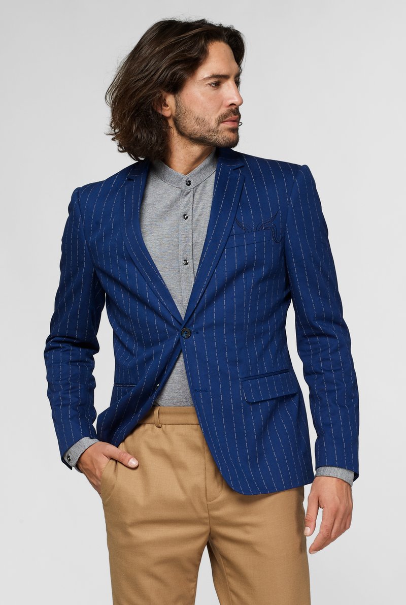 Blazer a righe navy con un fit su misura, bottone singolo e rever a punta, abbinato a una camicia grigia e pantaloni beige.