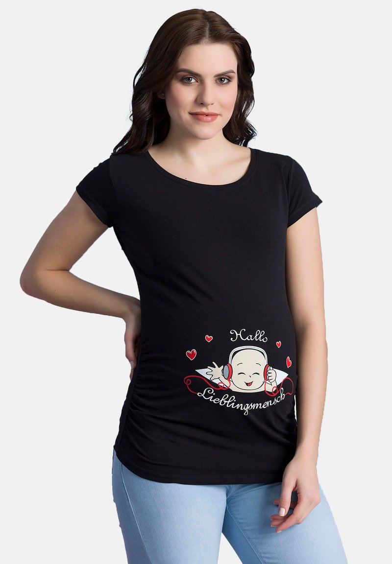 Black maternity t-shirt with short sleeves, featuring a cartoon design of a smiling baby in headphones and red heart accents on the front.