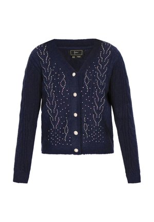 Námořnický cardigan s kablovým pletením, ve tvaru V, zdobený korálky ve vlnitých vzorech, s šesti knoflíkovými zapínáními v přední části.