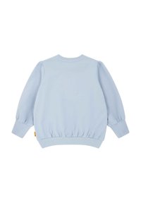 Hellblaues Sweatshirt mit langen, puffartigen Ärmeln sowie gerippten Bündchen und Saum. Glatte Stofftextur, Rundhalsausschnitt und keine sichtbaren Muster.