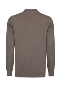 Jersey de punto marrón con mangas largas, un collar y puños y dobladillo de canalé. La textura parece suave y ligeramente elástica.
