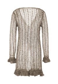 Pulover tricotat cu mâneci lungi, culoare taupe, țesătură lejeră, dungi verticale, margine ondulată și mansete volate. Textură ușoară și semi-transparentă.