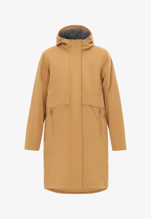 Cappotto impermeabile beige con cappuccio, zip frontale e due tasche laterali. L'interno ha una fodera grigia. Design semplice e dal taglio dritto.