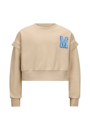 Felpa beige tagliata con una lettera "M" ricamata in blu sul petto, polsini a coste e maniche arrotolate. Tessuto morbido.