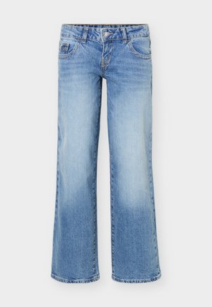 Hellblaue Jeans aus Denim mit leicht ausgestelltem Bein, Fünf-Taschen-Stil und einer Vorderseite mit Knopf- und Reißverschluss.