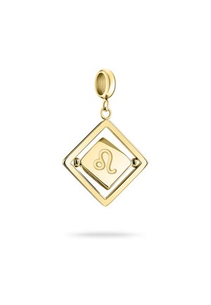 Pendentif en or en forme de diamant avec un symbole du lion en relief au centre, présentant une finition polie et une boucle de suspension.