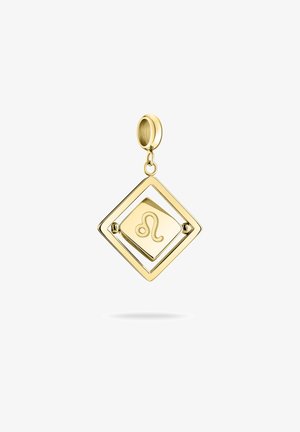Pendentif en or en forme de diamant avec un symbole du lion en relief au centre, présentant une finition polie et une boucle de suspension.