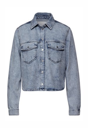 Blaue Jeansjacke im Cropped-Stil mit Knopfverschluss, zwei Brusttaschen und klassischem Kragen in ausgewaschenem Look.