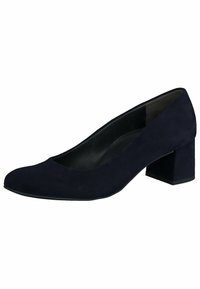 Décolleté in suede blu navy con punta tonda e tacco basso. Rivestimento interno liscio con design minimalista.