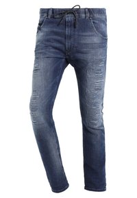 Schmal geschnittene blaue Denim-Jeans für Herren mit Kordelzug in der Taille, vorderen Taschen und verwaschenen Details an Oberschenkeln und Knien.