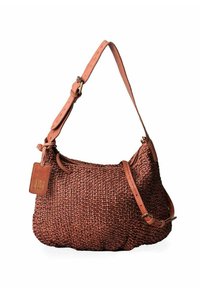 Borsa a tracolla in tessuto marrone con superficie texture, dotata di una morbida tracolla in pelle e di un'etichetta rettangolare in pelle attaccata.