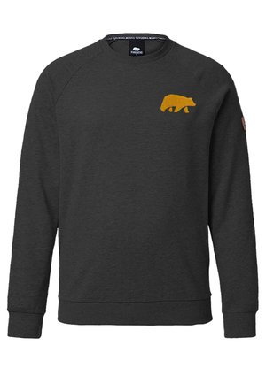 Grey sweatshirt made of soft fabric, featuring a gold bear graphic on the left chest and ribbed cuffs and hem. Crew neck design.