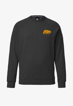 Grey sweatshirt made of soft fabric, featuring a gold bear graphic on the left chest and ribbed cuffs and hem. Crew neck design.