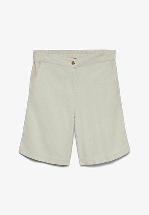 Beżowe casualowe szorty z zapięciem na guziki, elastycznym pasem i bocznymi kieszeniami, prezentowane na płasko na białym tle.