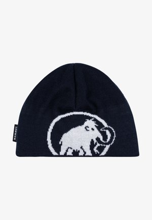 Knit beanie in navy blue featuring a white mammoth design. Textured fabric with a tapered shape and a small brand label on the side.