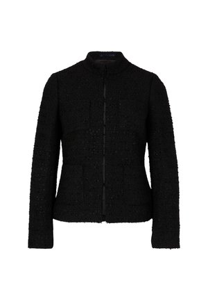 Schwarz karierter Blazer mit hohem Kragen, vorderem Knopfverschluss und zwei aufgesetzten Taschen. Der strukturierte Stoff verleiht ein gefertigtes Aussehen.