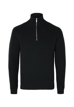 Svart stickad zipkragsweater med en texturerad design, som har en frontdragkedja och ribbade muddärmar och -sömmar.