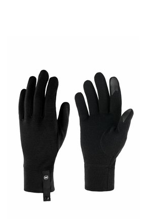 Paar schwarze Handschuhe mit touchscreen-kompatiblen Spitzen an Daumen und Zeigefinger sowie eine Stoffschlaufe mit Knopf an einem Handgelenk.