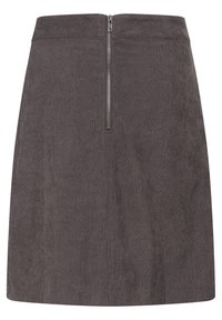 Mørkegrå kordfløjl mini nederdel med en sølvfarvet lynlås foran og en lige kant.