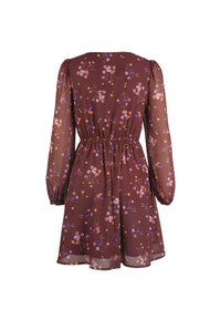Braunes Blumenkleid mit langen transparenten Ärmeln, tailliertem Gürtel und ausgestelltem Rock. Verfügt über mehrfarbige Blumenmuster und einen bescheidenen Rückenausschnitt.