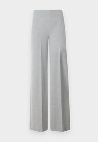 Gray wide-leg trousers made of soft, stretchy fabric. Features a high waist and a smooth, minimal design without additional details.