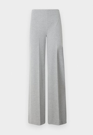 Gray wide-leg trousers made of soft, stretchy fabric. Features a high waist and a smooth, minimal design without additional details.