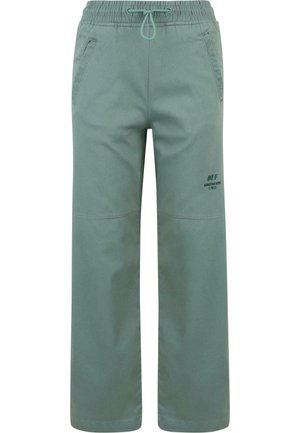 Light green wide-leg pants with an elastic waistband and drawstring. Feature side pockets and a printed logo detail on one leg.