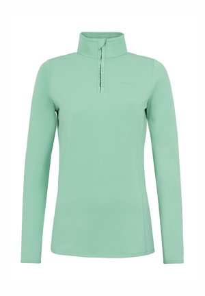 Lichtgroene longsleeve pullover van zacht materiaal, met een ritskraag en een subtiel logo op de voorkant. Gladde textuur, getailleerd ontwerp.