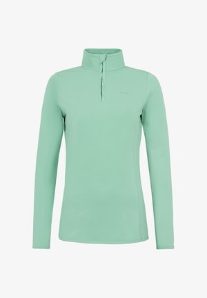 Suéter de manga larga verde claro, hecho de una tela suave, con un cuello de media cremallera y un logo sutil en la parte frontal. Textura suave, diseño ajustado.