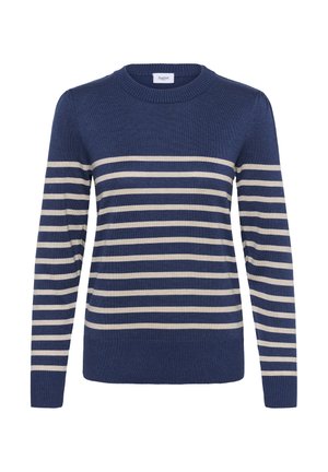 Pull bleu marine avec des rayures horizontales crème, col rond, manches longues, finitions côtelées aux poignets et à l'ourlet ; en tissu tricoté doux.