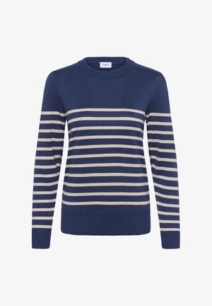 Pull bleu marine avec des rayures horizontales crème, col rond, manches longues, finitions côtelées aux poignets et à l'ourlet ; en tissu tricoté doux.