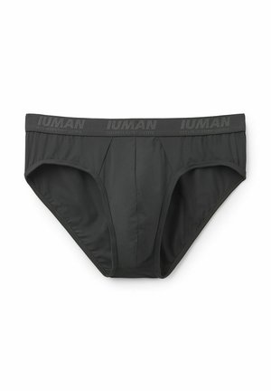 Pánské slipy z tmavě šedé látky s hladkým texturem. Pas má vyvýšené písmo a design zahrnuje přední šev pro lepší přizpůsobení.