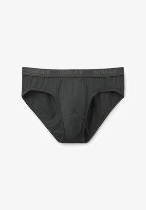 Herenondergoed in donkergrijze stof met een gladde textuur. De tailleband heeft verhoogde letters, en het ontwerp omvat een voorkantnaad voor een betere pasvorm.