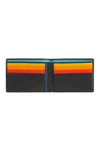 Black leather wallet open to show several card slots in vibrant colors: orange, red, yellow, and blue, with a smooth texture and minimalist design.