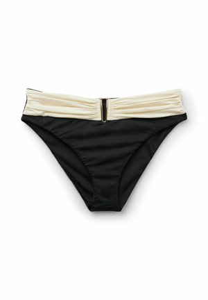 Sort bikinibund med bred, rynket beige linning med en central gulddetalje i form af en lynlås på hvid baggrund.