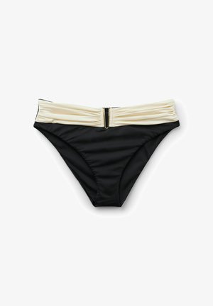 Parte inferior de bikini negra con una cintura ancha fruncida en color beige que presenta un detalle central de cremallera dorada sobre un fondo blanco.