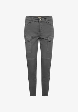 Grå cargobukser med en tætsiddende pasform, der har to sidelommer, en knaplukning og et glat, struktureret stof.