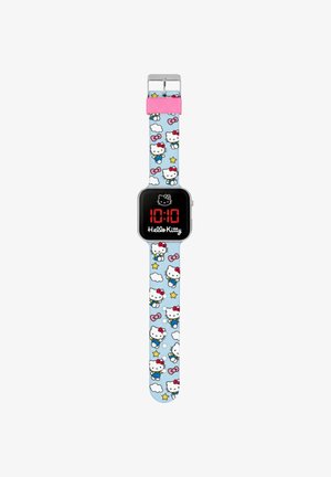 Hello Kitty digitale horloge met een rechthoekig zwart gezicht, rode LED-display en een lichtblauwe band met herhaalde Hello Kitty-ontwerpen en wolken.
