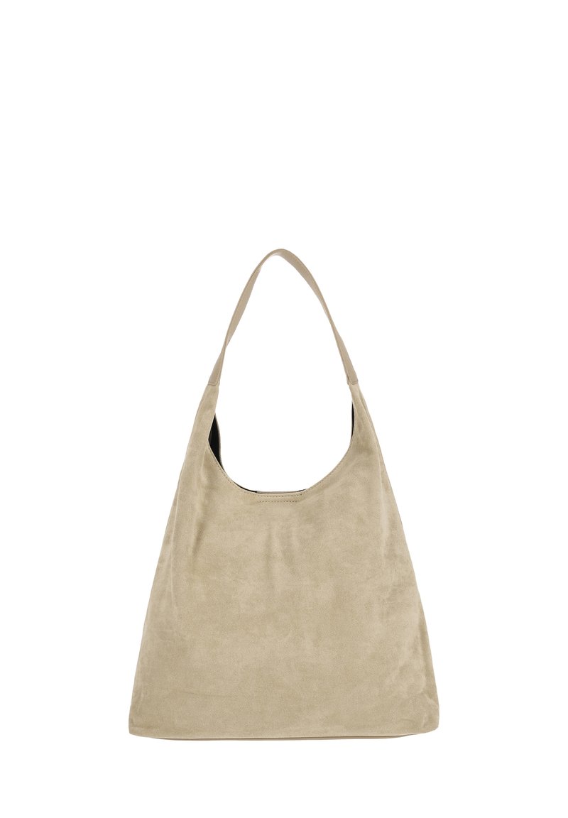Bézs színű velúr válltáska széles, ívelt pánttal és nyitott tetejű kialakítással. Simás textúrájú, minimalista dizájn, látható fém részletek nélkül.