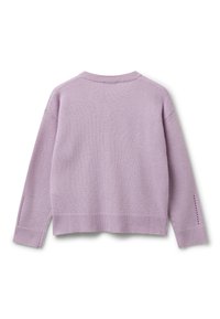 Maglione a maniche lunghe in lilac lavorato a maglia con polsini, orlo e scollatura a coste, disteso mostrando il lato posteriore su uno sfondo bianco.